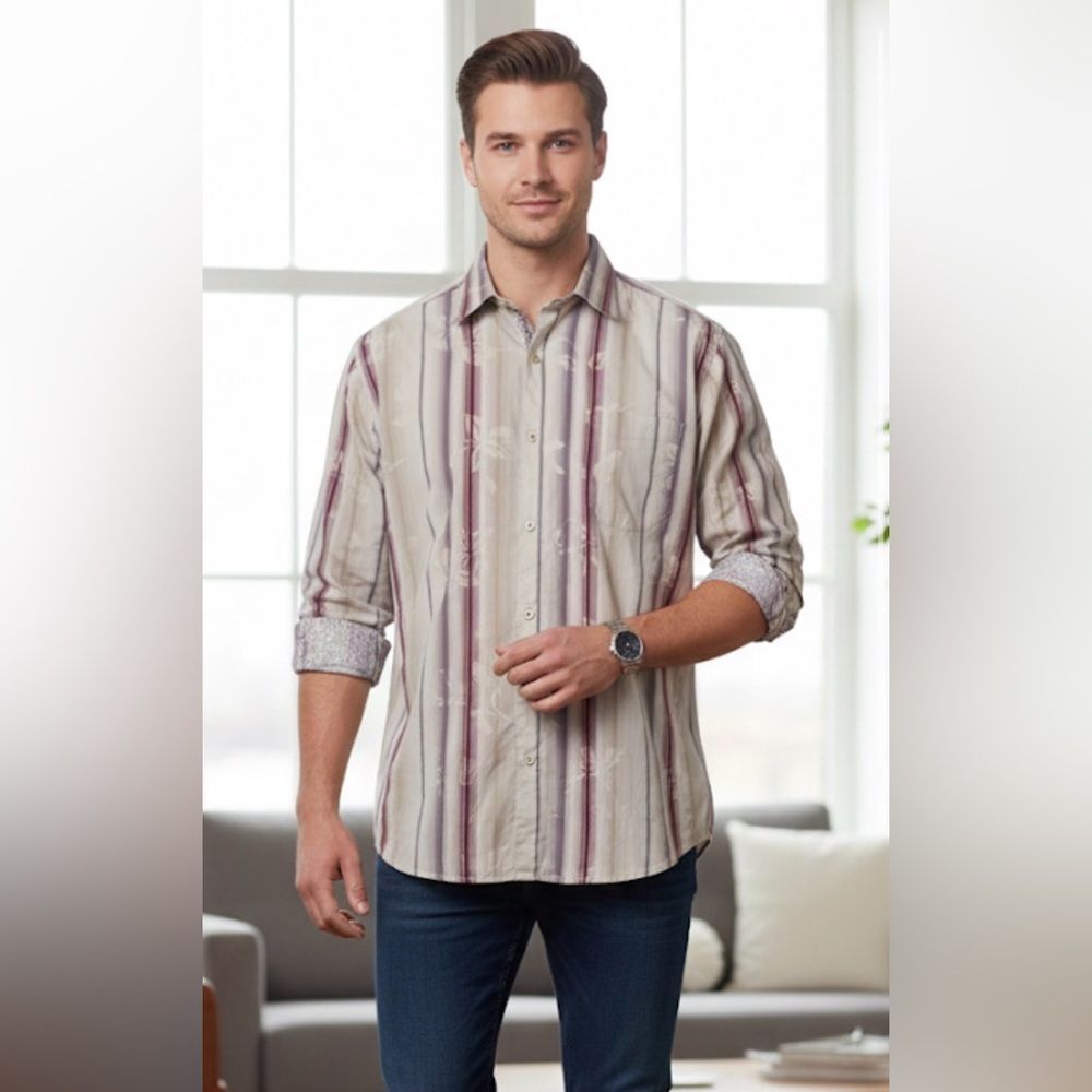 Tommy Bahama Silk Blend Tropical Print Button Down Long Sleeve Shirt Size Medium
